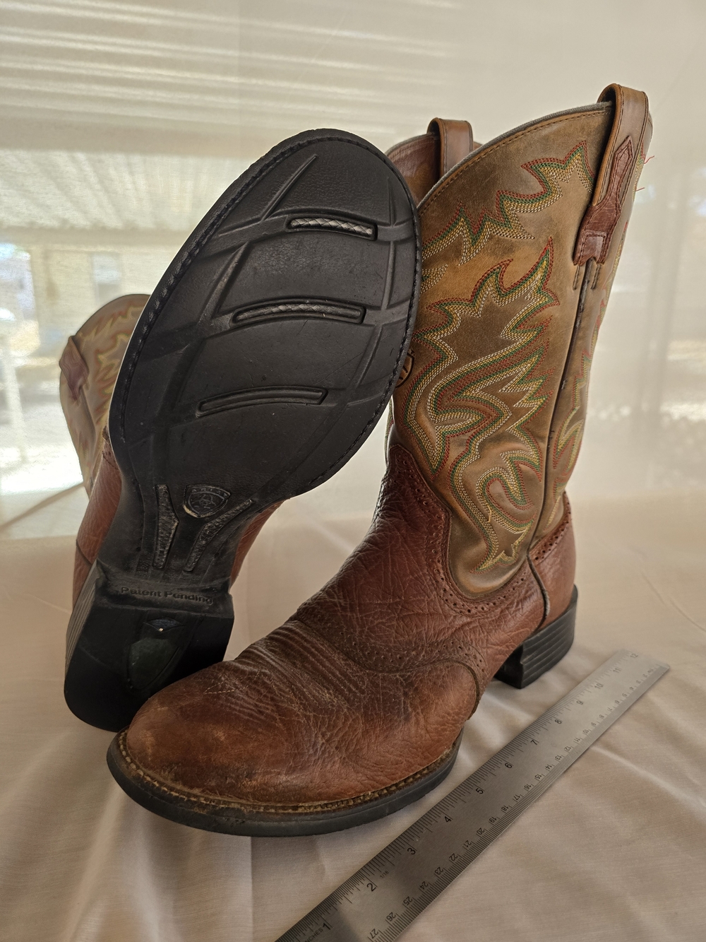Ariat Brown Leather Cowboy Boots with Tan and Green Stitching